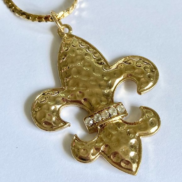 Vintage Fleur de Lis Pendant Necklace Gold Plated 24" BIG Statement Mardi Gras - Picture 3 of 12